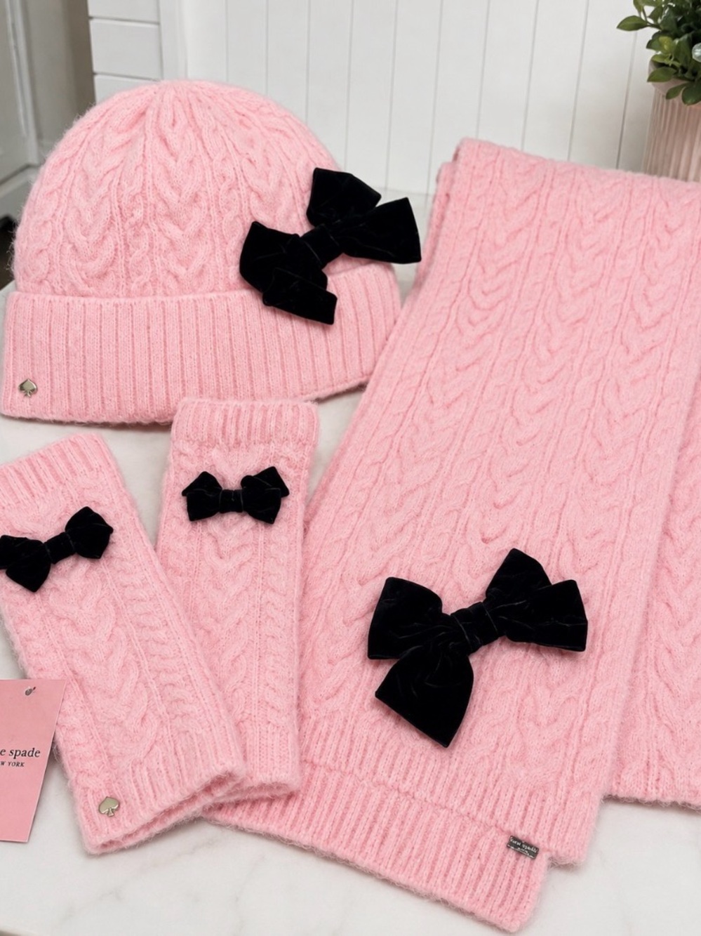 kate spade Pink Cable-Knit Hat, Scarf & Gloves Set with Black Velvet Bows